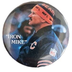 VINTAGE 1985 PINBACK BUTTON BADGE IRON MIKE DITKA NFL FOOTBALL